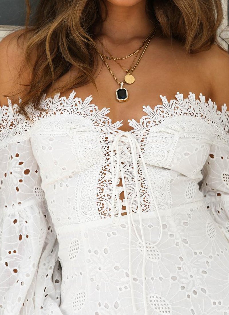 Eyelet Lace Crop Top Off Shoulder Puff Sleeve on sale - SOUISEE