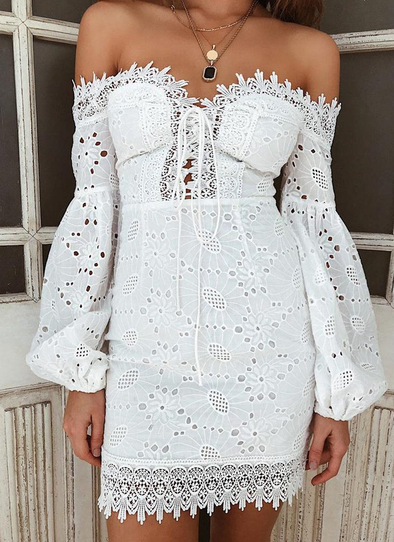 Eyelet Cotton Front Lace Up Off The Shoulder Bodycon Dress on sale - SOUISEE
