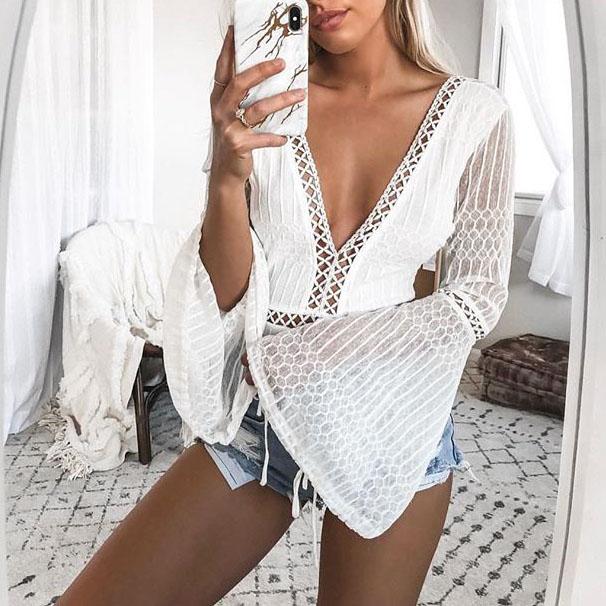 Puff Sleeve Plunge Lace Bodysuit Going Out Body Suits High Waisted on sale - SOUISEE