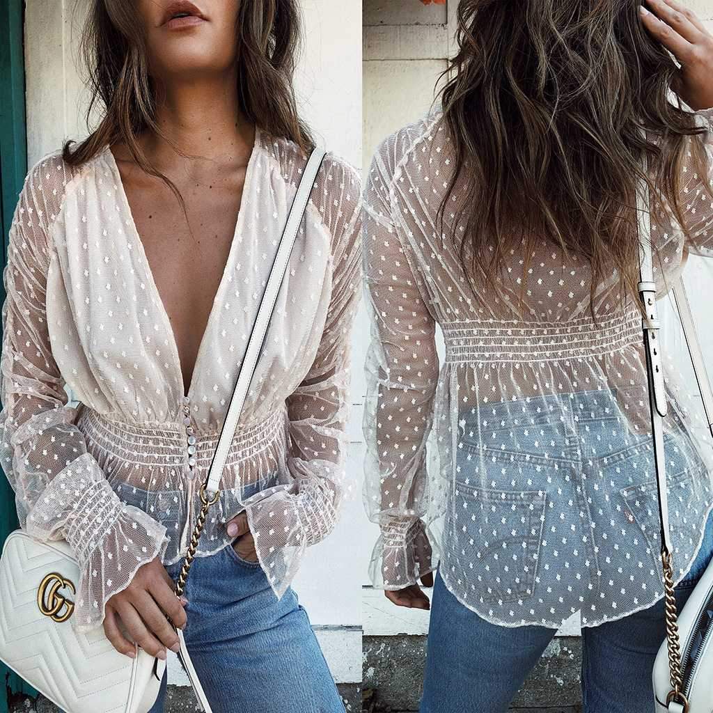 Dotted Tie Front Plunge White Sheer Mesh Lace Peplum Top Blouse on sale - SOUISEE