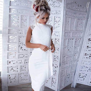Classy High Neck Tie Waist White Lace Overlay Sheath Dress on sale - SOUISEE