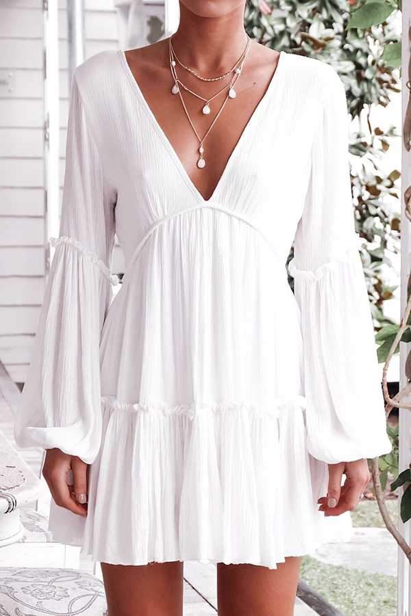 Casual Ruffle Trimmed Long Puff Sleeve V Cut Out Back V Neck Dress on sale - SOUISEE