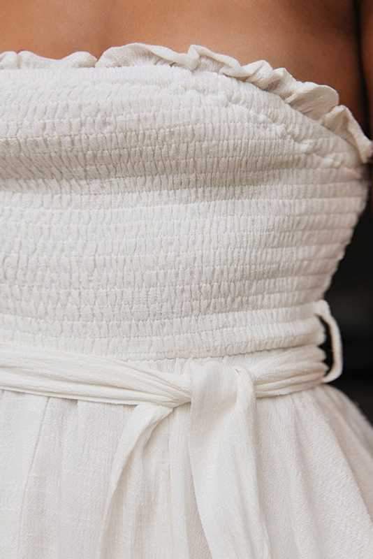 Tie Waist Smocked Pompom Trimed Layered Strapless Romper Shorts Bandeau Playsuits on sale - SOUISEE