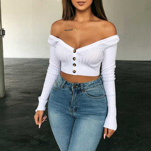 Ribbed Off The Shoulder Cropped Button Up Knit Tops on sale - SOUISEE