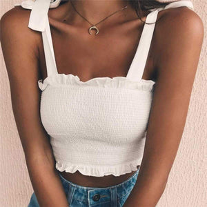 Curved Hem Trimmed Scrunch Tie Up Shoulder Ruched Crop Top Tanks on sale - SOUISEE