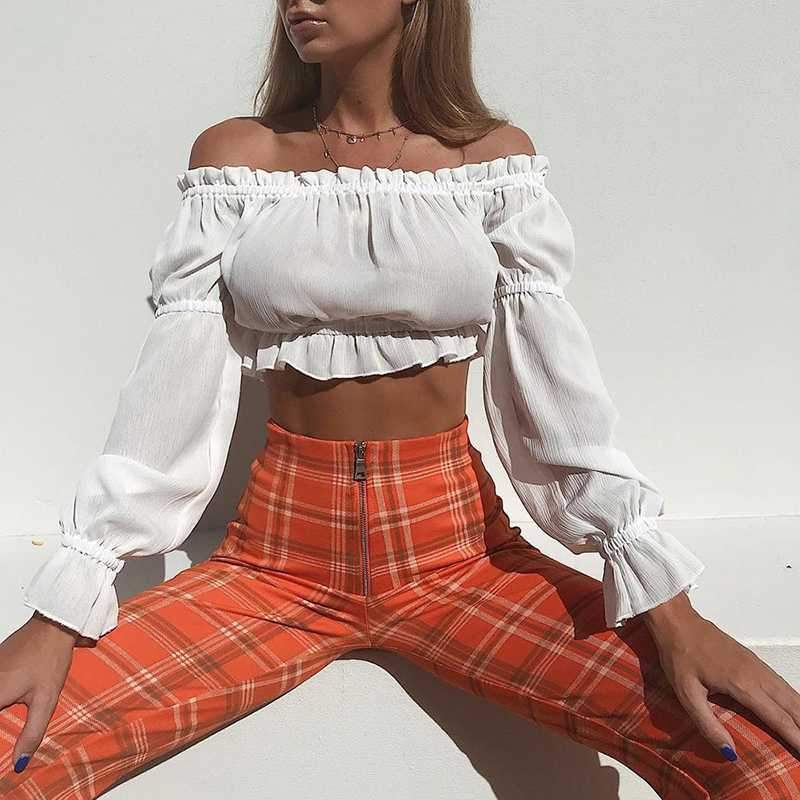 Ruffle Off The Shoulder Lantern Long Sleeve Chiffon Crop top Blouses on sale - SOUISEE