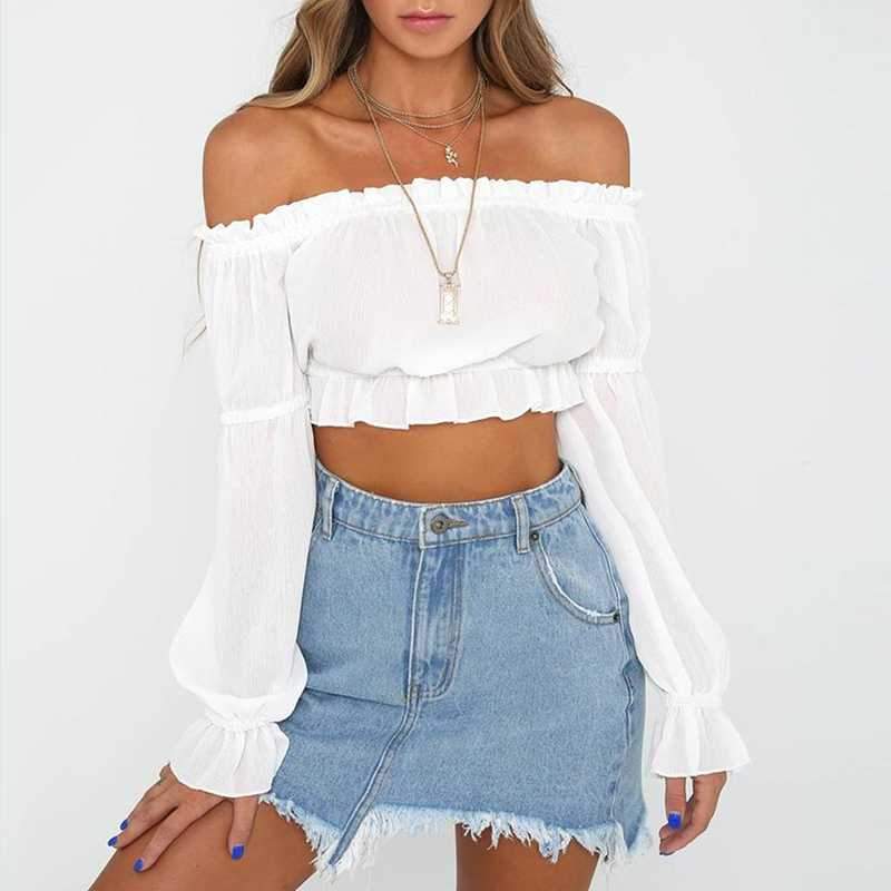 Lantern Long Sleeve Ruffle Off The Shoulder Chiffon Crop Top