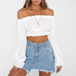Lantern Long Sleeve Ruffle Off The Shoulder Chiffon Crop Top Blouse on sale - SOUISEE
