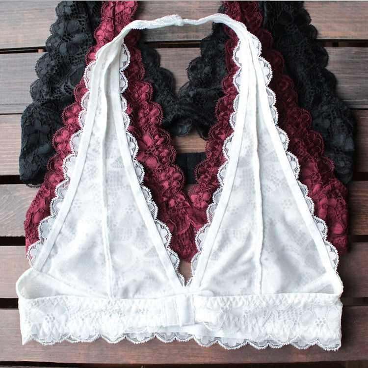 Boho Crochet Neckline Lace Halter Backless Bralette Padded on sale - SOUISEE