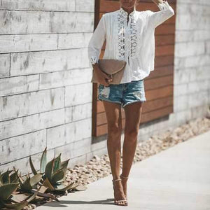 Bohemian Crochet Lace Button Up Shirt Top on sale - SOUISEE