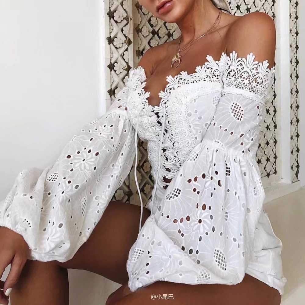 Eyelet Lace Crop Top Off Shoulder Puff Sleeve on sale - SOUISEE