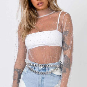 Chic Sparkle Embellished Sheer Mesh Sequin Top Tees on sale - SOUISEE