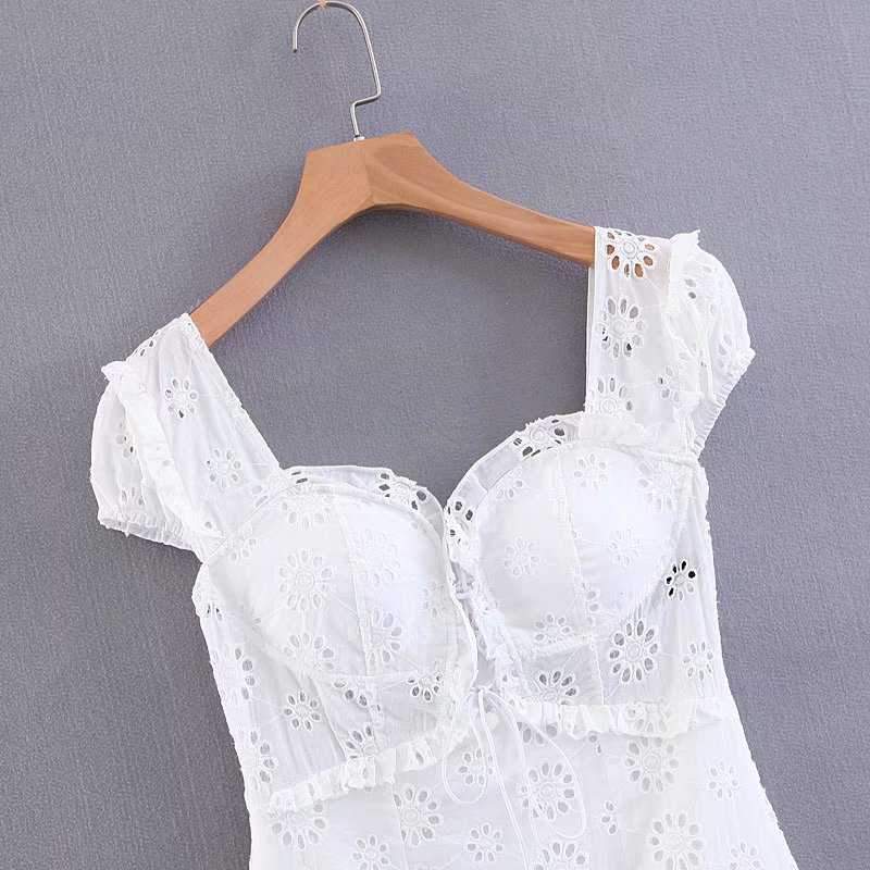 Elegant Criss Cross White Lace Eyelet Dress Puff Sleeve on sale - SOUISEE