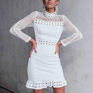 Bohemian long sleeve turtle neck white lace dress on sale - SOUISEE