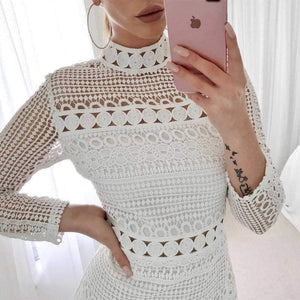 Bohemian long sleeve turtle neck white lace dress on sale - SOUISEE