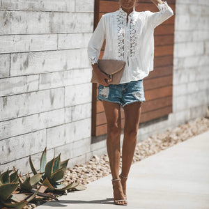 Bohemian Crochet Lace Button Up Shirt Top on sale - SOUISEE