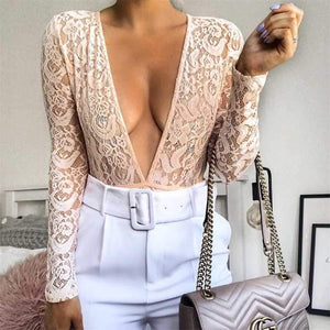 Plunge V Neck Black/ White long sleeve lace bodysuit on sale - SOUISEE