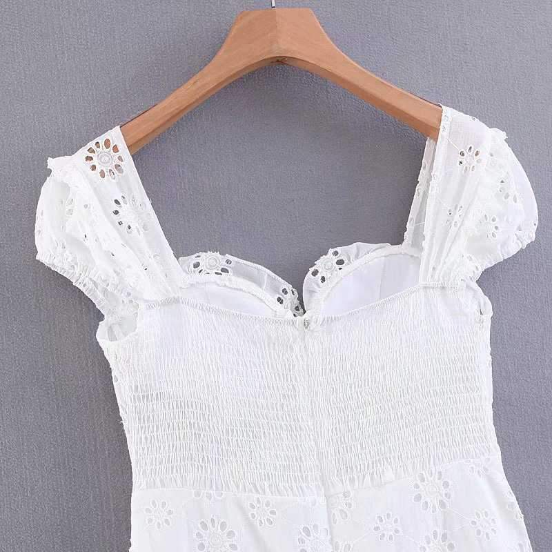 Elegant Criss Cross White Lace Eyelet Dress Puff Sleeve on sale - SOUISEE