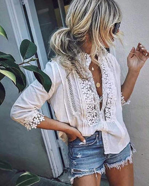 Bohemian Crochet Lace Button Up Shirt Top on sale - SOUISEE