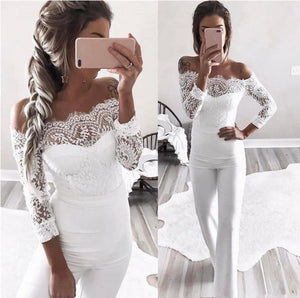 White off shoulder tie waist long sleeve lace jumpsuit store