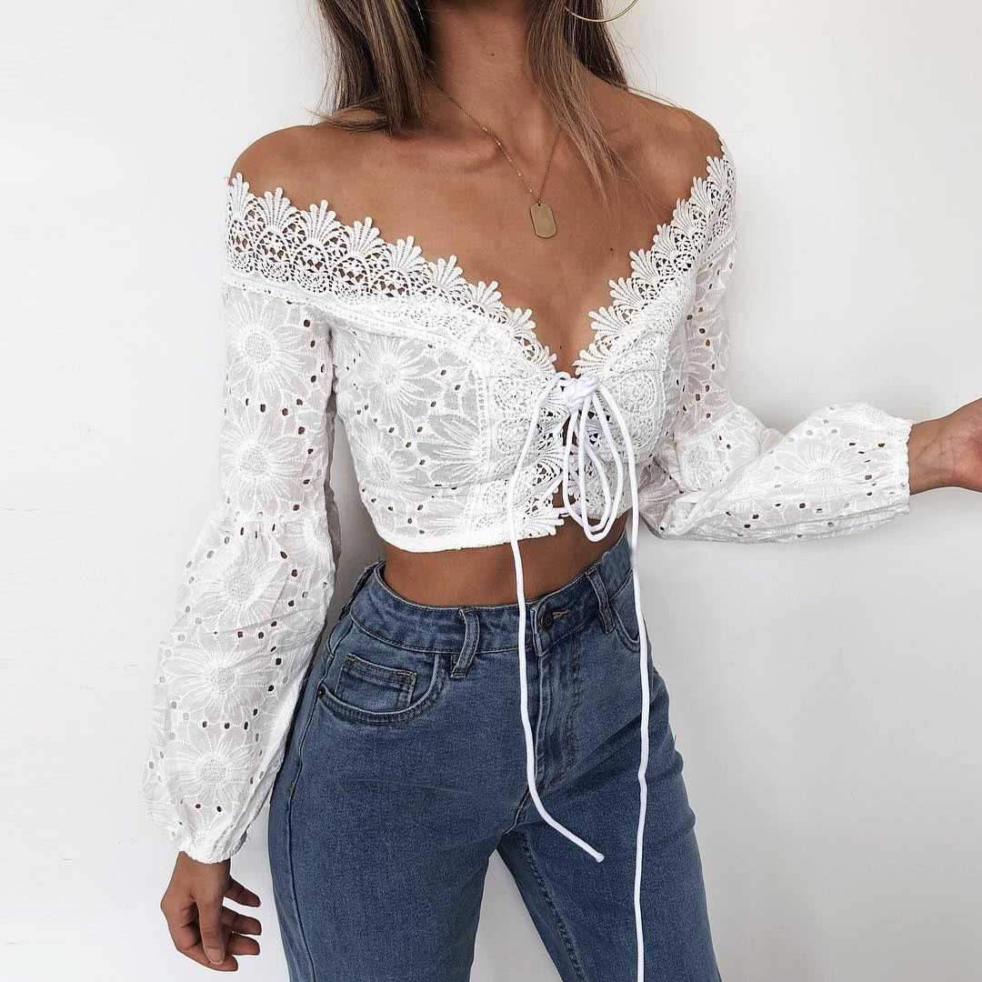 Eyelet Lace Crop Top Off Shoulder Puff Sleeve on sale - SOUISEE
