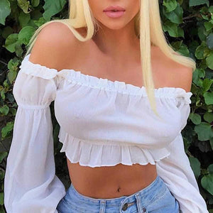 Lantern Long Sleeve Ruffle Off The Shoulder Chiffon Crop Top Blouse on sale - SOUISEE