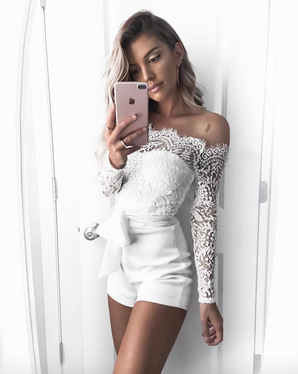 Boho White Lace Off The Shoulder Romper Playsuits Long Sleeve on sale - SOUISEE