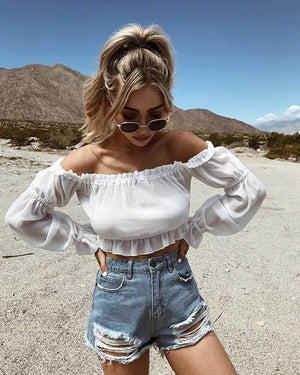 Lantern Long Sleeve Ruffle Off The Shoulder Chiffon Crop Top Blouse on sale - SOUISEE