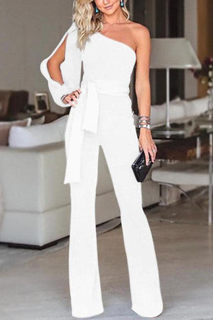 One Shoulder Split Sleeve Belted Wide Leg Jumpsuits on sale - SOUISEE