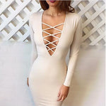 Plunging Front Criss Cross Bodycon Dress Long Sleeve on sale - SOUISEE