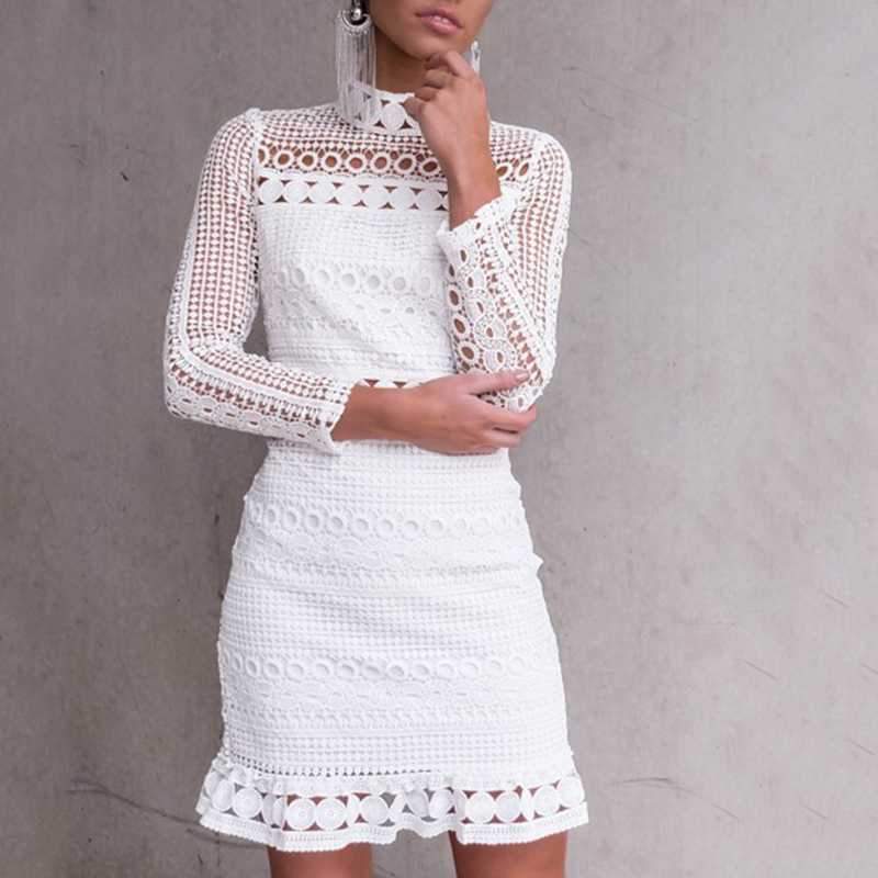 Bohemian long sleeve turtle neck white lace dress on sale - SOUISEE