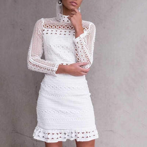 Bohemian long sleeve turtle neck white lace dress on sale - SOUISEE