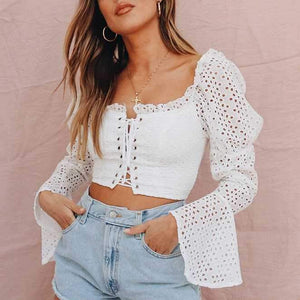 Cotton eyelet white lace up crop top puff sleeve blouse on sale - SOUISEE