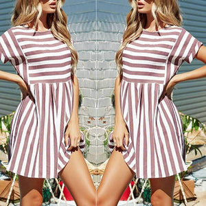 Slimming High Waisted Striped Short Sleeve Swing Dress on sale - SOUISEE