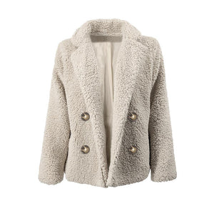 Fluffy Laper Collar Double Breasted Faux Fox Fur Teddy Fleece Jacket Women's on sale - SOUISEE