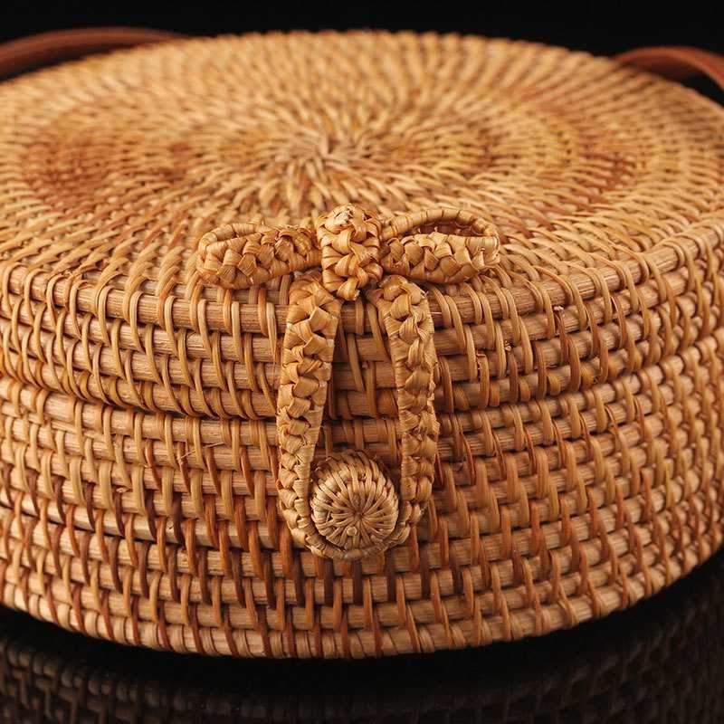 Boho Handmade Round Woven Handbag Bali Rattan Crossbody Beach Bag on sale - SOUISEE