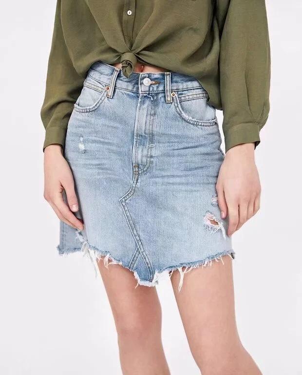 Vintage Washed Distressed Notched Light Denim Mini Skirt on sale - SOUISEE