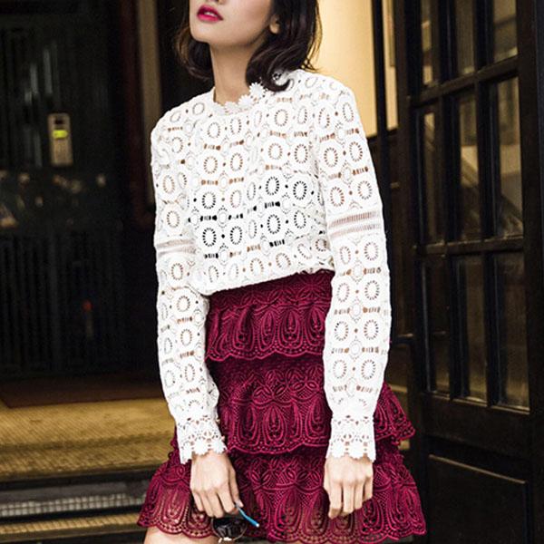Sheer Mesh White Crochet Eyelet Lace Blouse Top on sale - SOUISEE