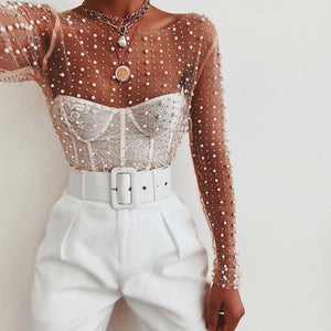 Fabulous Pearls And Rhinestone Studded Embellished Sheer Mesh Lace Shirts on sale - SOUISEE