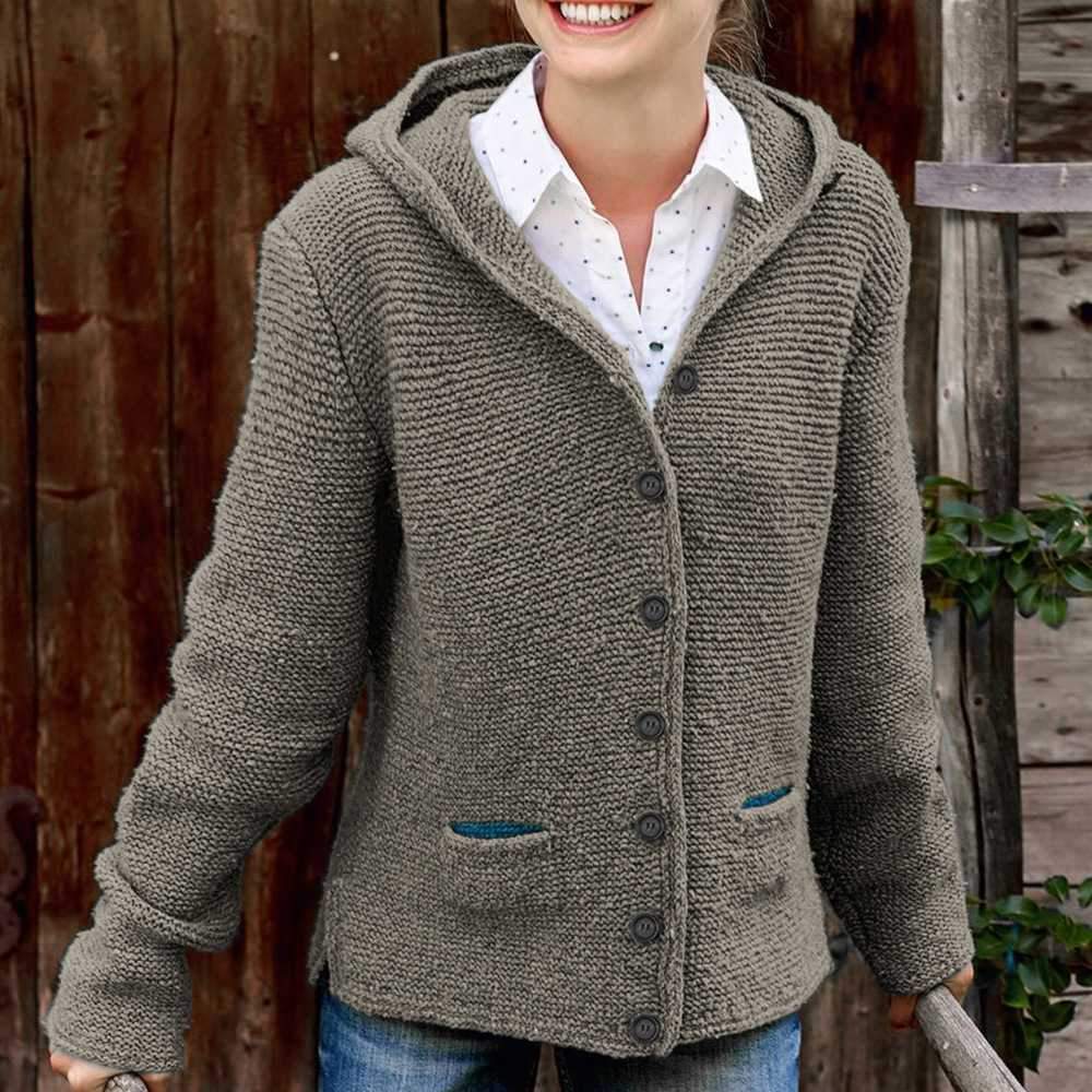 Oversized Ladies Knitted Hooded Cardigan Knitted Sweater Jacket with Pocket on sale - SOUISEE