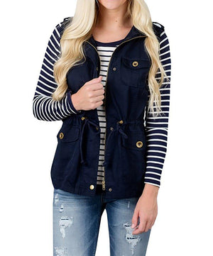 Classic Waist Tie Cotton Vest With Pockets on sale - SOUISEE