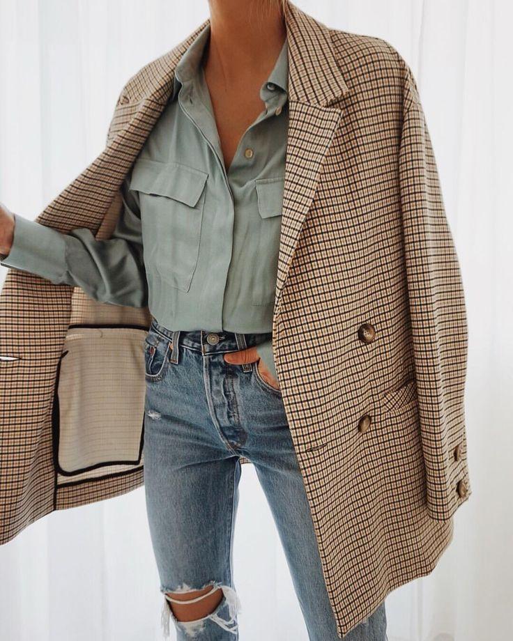 Double Breasted Khaki Lapel Collar Checkered Blazer Suit Womens on sale - SOUISEE