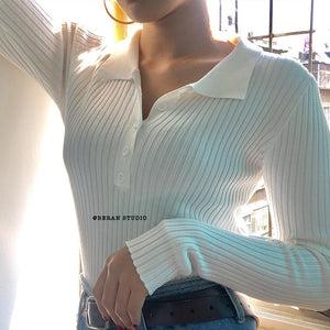 Cozy Long sleeve knitted polo shirt Tops Womens on sale - SOUISEE