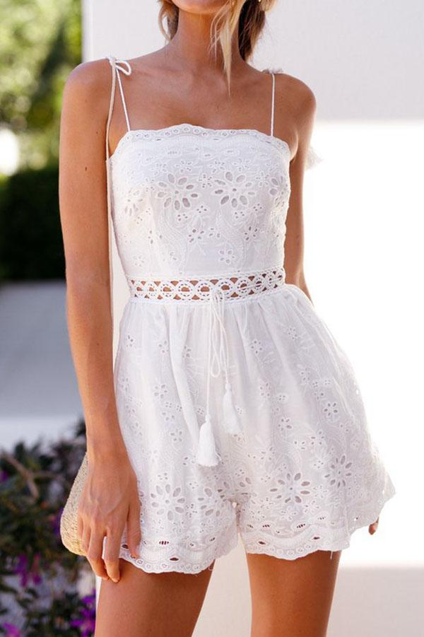 Cotton Crochet Eyelet Waist Tie Shoulder Shorts Romper Jumpsuit on sale - SOUISEE