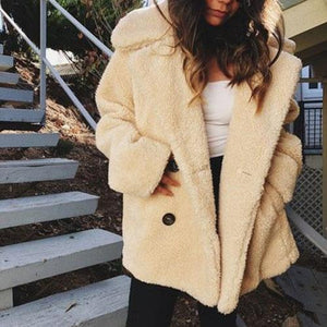 Fluffy Laper Collar Double Breasted Faux Fox Fur Teddy Fleece Jacket Women's on sale - SOUISEE