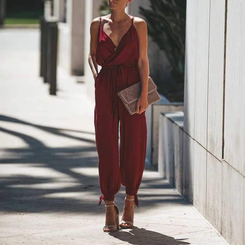 Spaghettie Strap Wrap Front Tie High Leg Split Jumpsuit on sale - SOUISEE