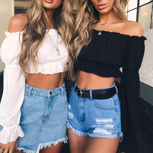 Lantern Long Sleeve Ruffle Off The Shoulder Chiffon Crop Top Blouse on sale - SOUISEE