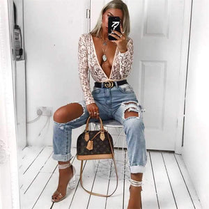 Plunge V Neck Black/ White long sleeve lace bodysuit on sale - SOUISEE
