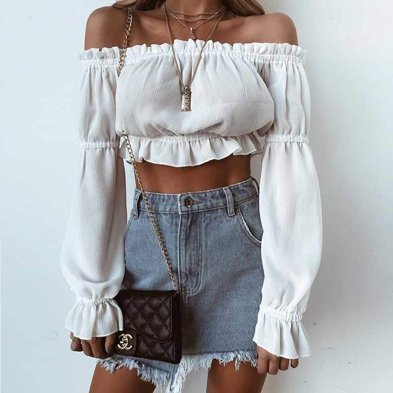 Ruffle Off The Shoulder Lantern Long Sleeve Chiffon Crop top Blouses on sale - SOUISEE