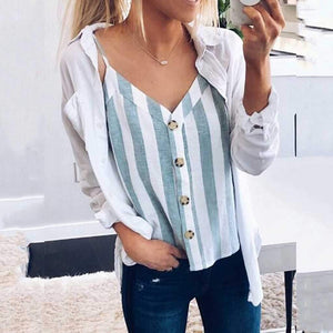 Patchwork Striped V Neck Button Up Cami Top on sale - SOUISEE